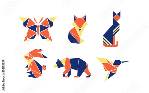 Geometric colorfull origami animals tangram vector simple illustration cat, bird, bear, rabbit, fox, butterfly editable