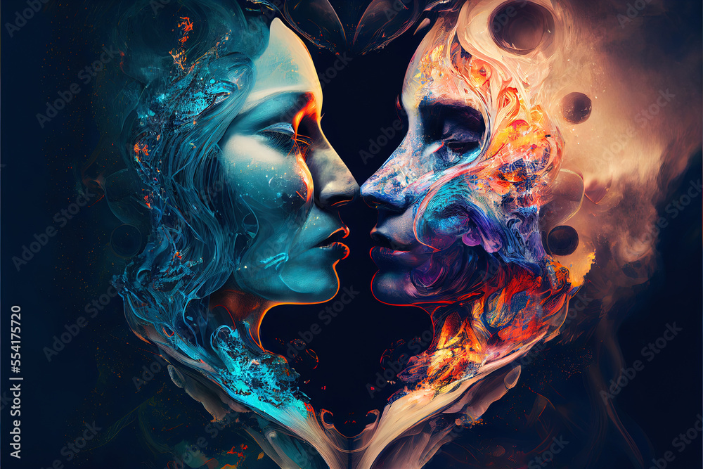 abstract illustration on the theme of love and relationships in a couple between lovers, the concept of the holiday of Valentine's Day