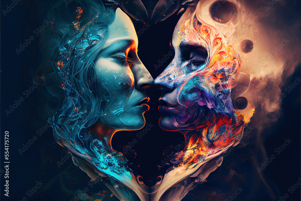 abstract illustration on the theme of love and relationships in a couple between lovers, the concept of the holiday of Valentine's Day abstract illustration on the theme of love and relationships in a couple between lovers, the concept of the holiday of Valentine's Day