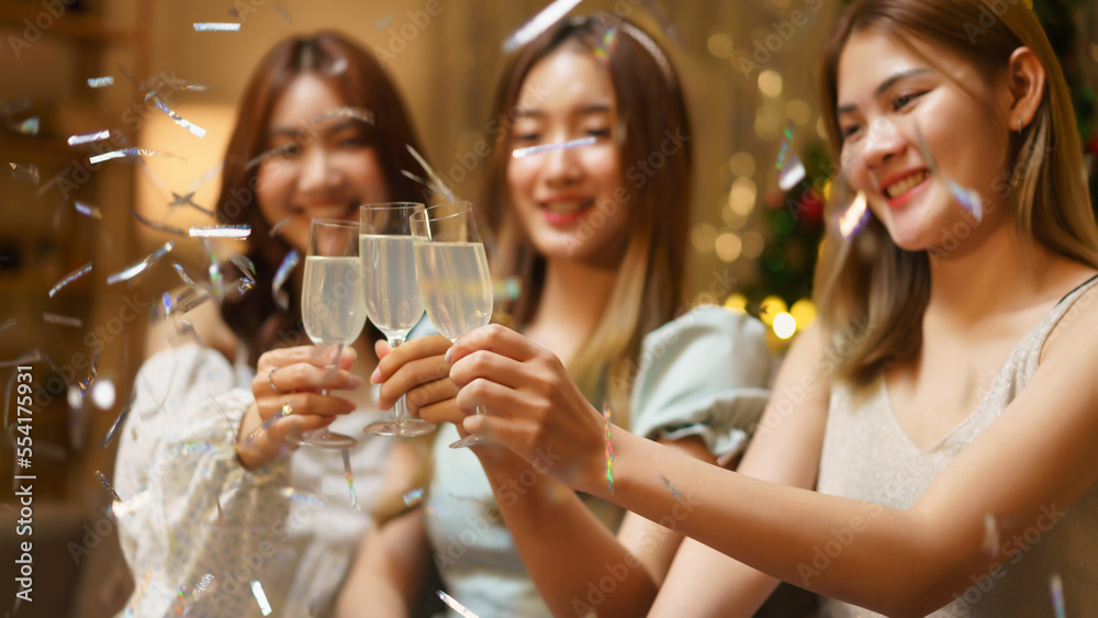 New Year celebration concept, Young beautiful group clinking champagne with fun in new year party