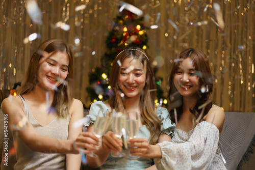 New Year celebration concept, Young beautiful group clinking champagne with fun in new year party