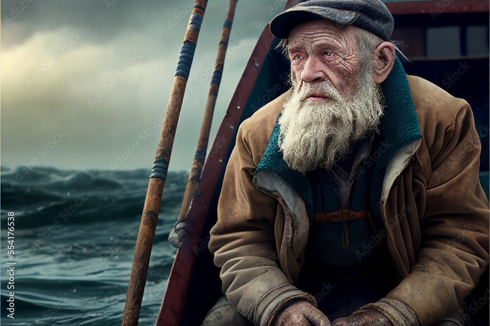 Generated image of old fisherman against background of sea Stock