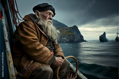 Foto Generated image of old fisherman against background of sea