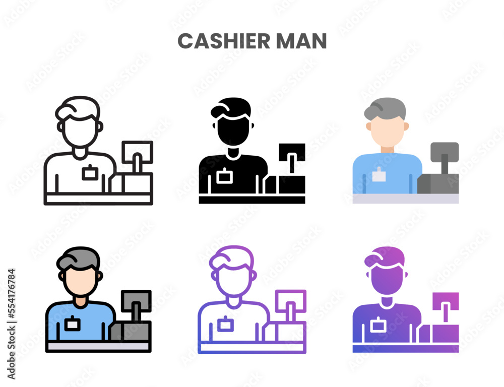 Cashier Man icons vector illustration set line, flat, glyph, outline color gradient. Great for web, app, presentation and more. Editable stroke and pixel perfect. Cashier Man icons vector illustration set line, flat, glyph, outline color gradient. Great for web, app, presentation and more. Editable stroke and pixel perfect.