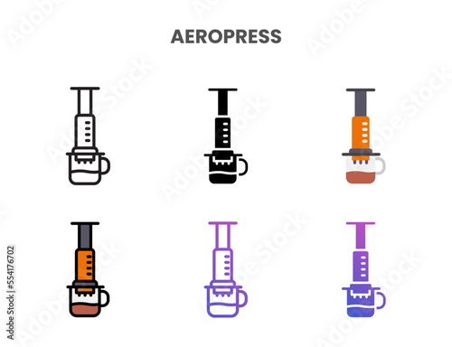 Aeropress icons vector illustration set line, flat, glyph, outline color gradient. Great for web, app, presentation and more. Editable stroke and pixel perfect.