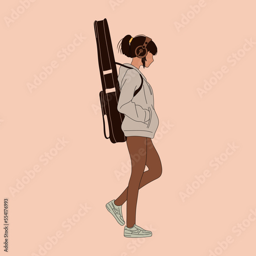 Teen Girl with Guitar Case. Vector Illustration. Anime style