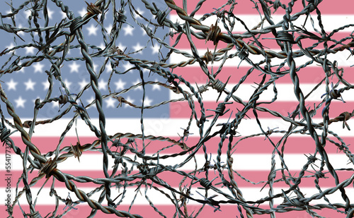 US Border Crisis American immigration and United States refugee concept with a blurred US flag as a social issue about refugees or illegal immigrants with barbed wire fence