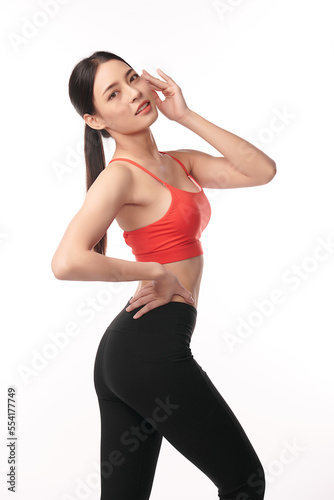 Beautiful young asian sport woman with sportswear ready for exercise on white background, Advertising sportswear and yoga wear, Healthy lifestyle, sport. © kitthanes
