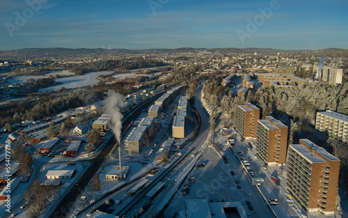 aerial view of the city of oslo and its eastern part of the city during winter time