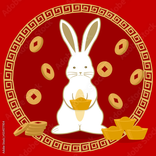 Happy Chinese New Year 2023 vector illustration, Cute white rabbit bunny holding gold ingot with lucky golden money coins falling from sky on red background, lucky item oriental Asian style.