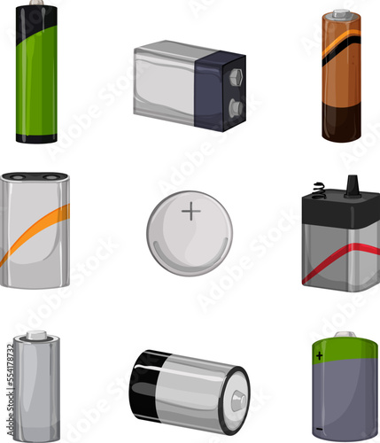 battery energy electric set cartoon. power charge, full mobile charger, phone lithium, low level battery energy electric vector illustration