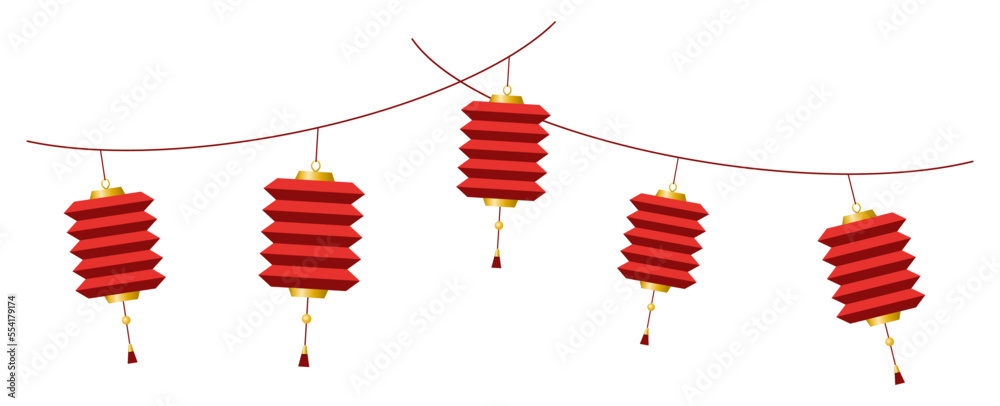 Garlands with beautiful red Chinese lanterns on white background Garlands with beautiful red Chinese lanterns on white background