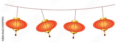 Garland with beautiful red Chinese lanterns on white background