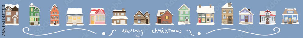 Creative Christmas greeting card with houses on color background