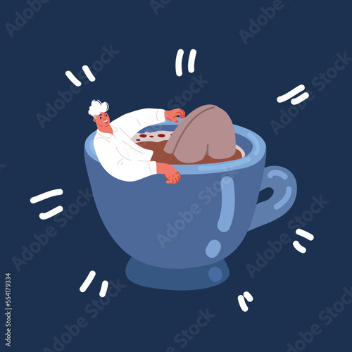 Cartoon vector illustration of man in big mug of coffee.