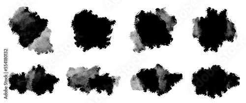 Set of black abstract paint brush smudges, gradient texture, layered, isolated graphic design element made with brushstroke, hand drawn art for backgrounds, frame, watercolor paint, monochrome 