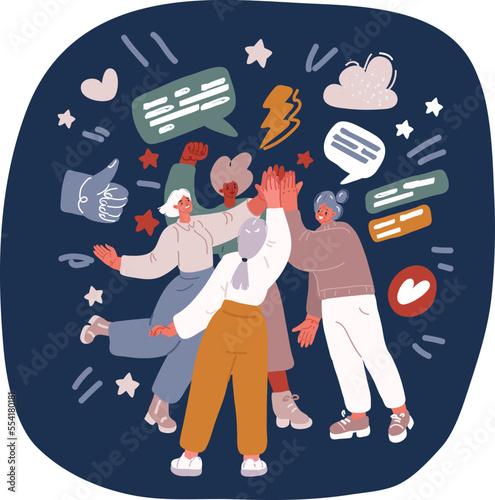 Cartoon vector illustration of Happy people giving high five. Friends greeting or supporting each other. Informal hi gesture. Concept of friendship, partnership and success.