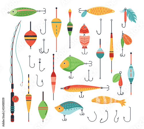 Fishing accessories. Fish bait with hook, fisherman rod and tackle with artificial fishes shapes vector set