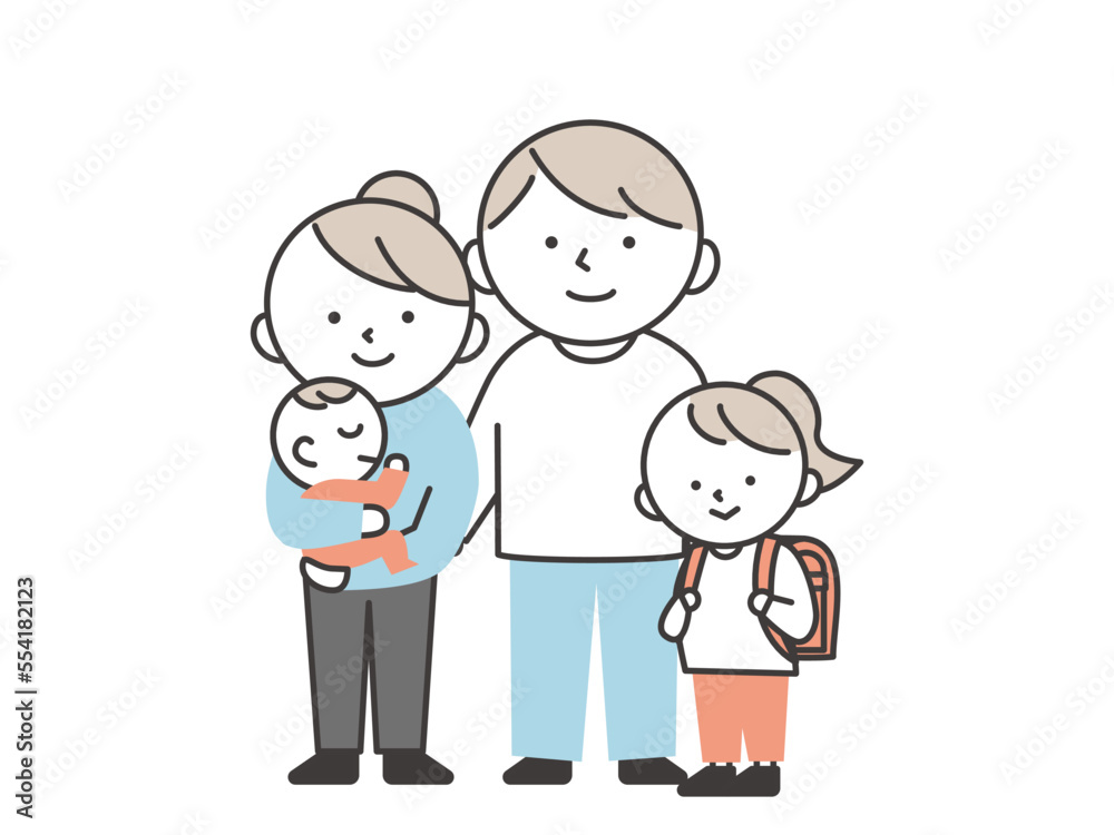 並んで立つ4人家族（父親と母親と赤ちゃんと小学生）