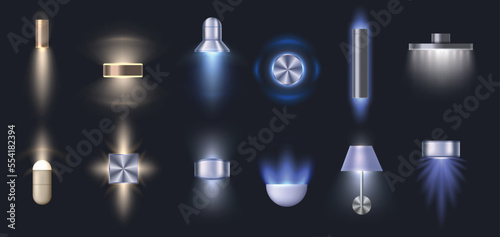 Decorative wall lamps. Light point, compact LED spotlight and mini box wall mounted lamp with glow effect realistic vector illustration set