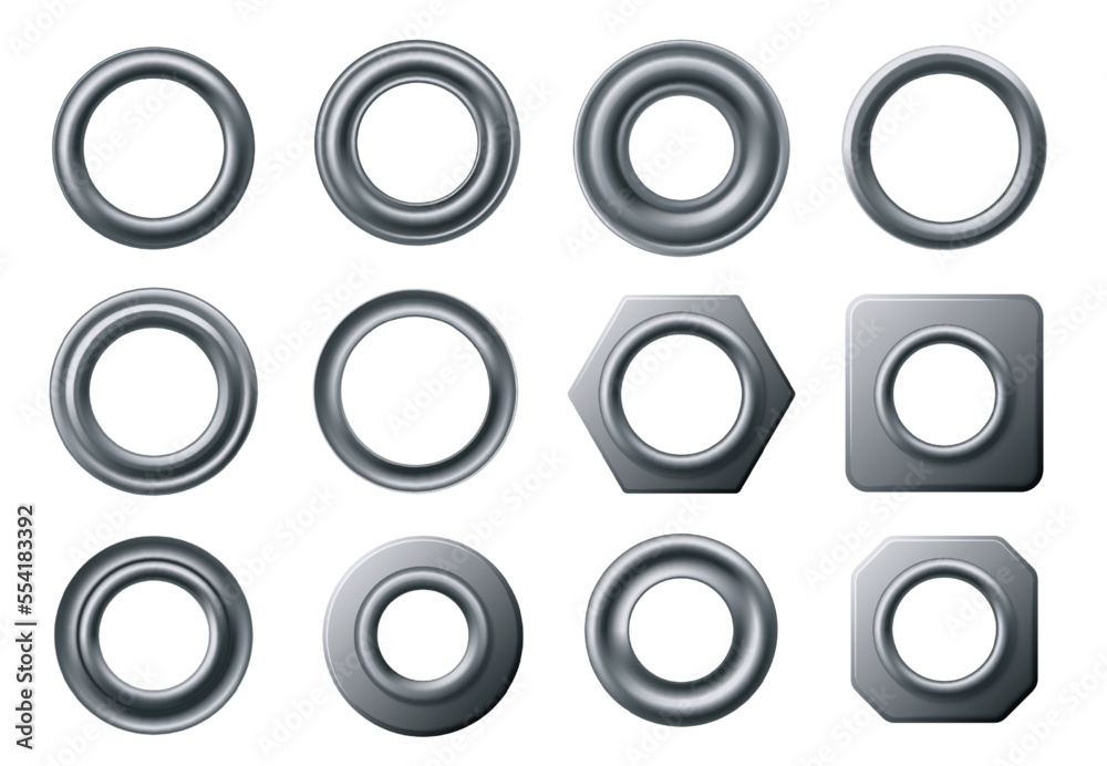 Vettoriale Stock Metal eyelets. Curtain eyelet ring, round grommet and  circular fastener with hole isolated vector set | Adobe Stock