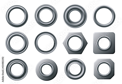 Metal eyelets. Curtain eyelet ring, round grommet and circular fastener with hole isolated vector set photo