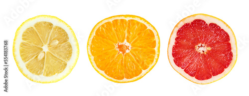 Slice of citrus fruit isolated on transparent background. Orange, lemon and grapefruit. PNG format 