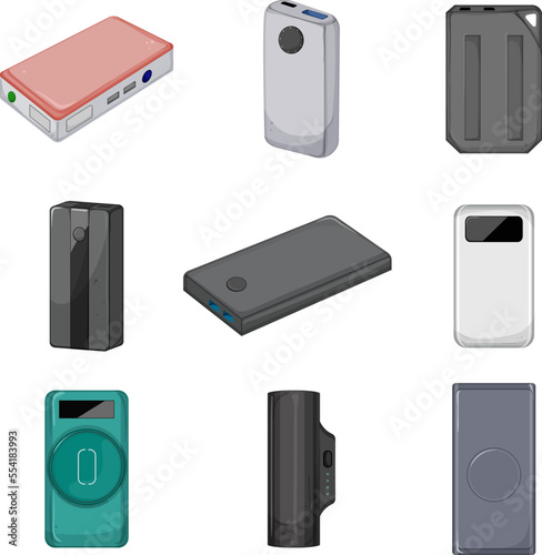 power bank set cartoon. mobile phone, charger battery, portable usb, smartphone charge, energy power bank vector illustration