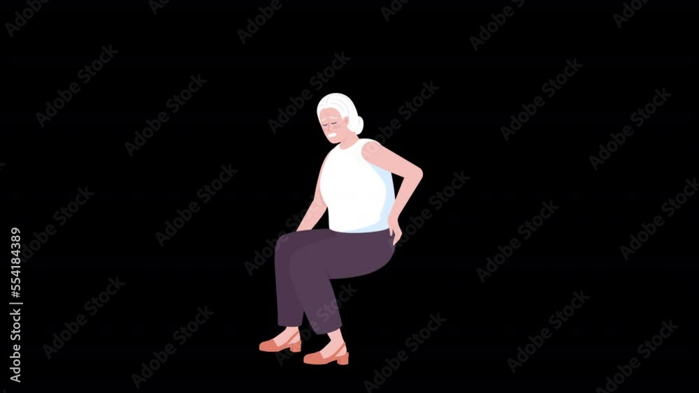 Animated character with back pain. Woman with age related arthritis. Full body flat person on black background with alpha channel transparency. Colorful cartoon style HD video footage for animation