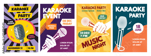 Karaoke party flyer. Singing night banner with hand holding microphone, musical event and vocal club invitation template layout vector set