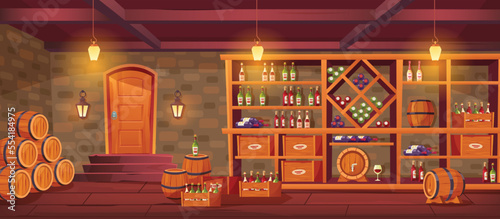 Wine cellar. Cozy vintage interior interior with wine bottles and wooden barrels of shelves. Winemaking cartoon vector background