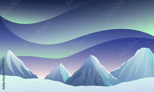 Polar lights winter landscape with mountains. Northern lights. Vector illustration