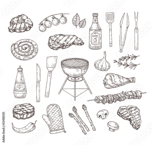 Sketch grill food. BBQ tools, sauces and meat. Hand drawn engraving barbecue elements vector illustration set
