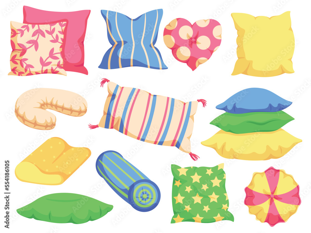 Comfy pillow. Bed cushions, different shape multicolor pillows for sleep and bedroom decor textile cartoon vector set