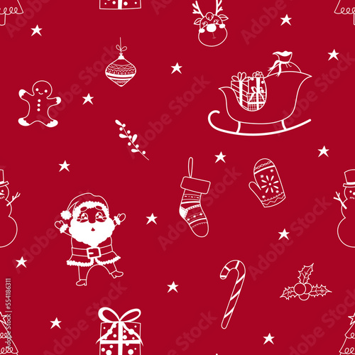 Seamless Christmas Pattern Doodles with Cute Flat Hand-drawn Items. Xmas and Happy New Year Elements. Decorative Background for Fabric, Wrapping Paper, Card, Invitation, Wallpaper, Web Design. photo