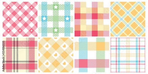 Seamless picnic check pattern. Pastel blanket, comfy plaid for easter spring weekends and geometric intertwined grid vector background set