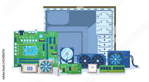 PC components. Computer case with electronic hardware parts. Build or upgrade personal computer vector illustration