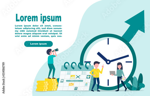 Time management. Planning and scheduling tools save time and money. Time is money, financial investment, revenue growth. Manage working time for more profit. Vector illustration Eps 10.
