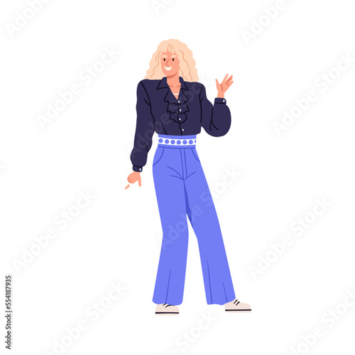 Man in fashion apparel in retro 1980s style. Character of 80s eighties, wearing stylish clothes. Happy person of 1980, long hair and mustache. Flat vector illustration isolated on white background