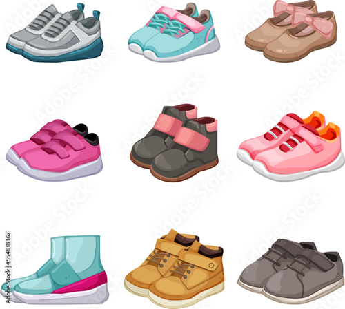 kid shoes set cartoon. child fashion, sport shoes, footwear boy, foot pair, style kid shoes vector illustration
