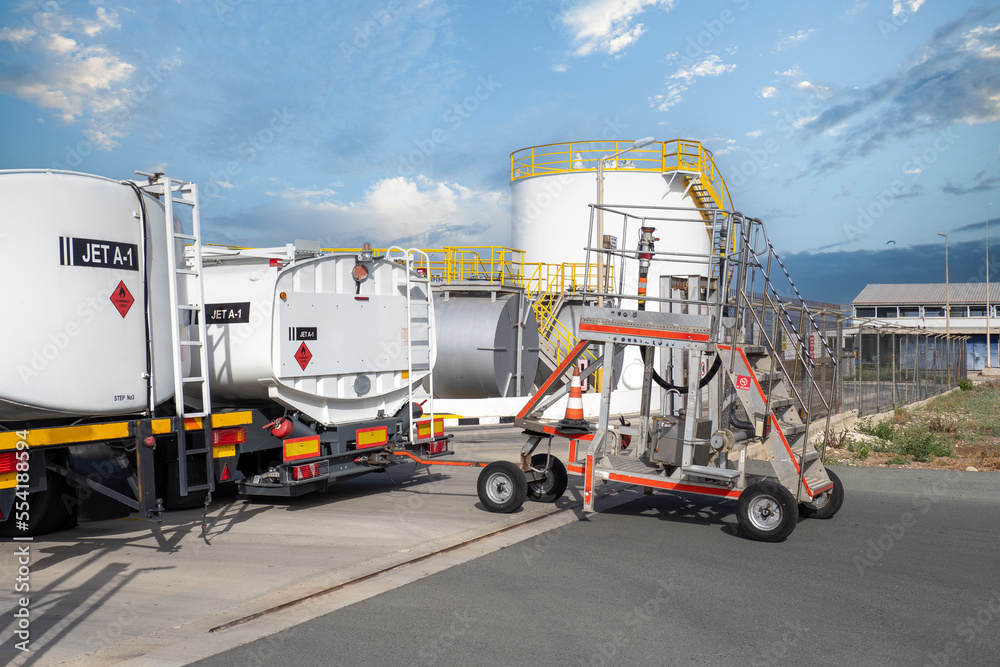 Equipment for refueling airliners and airplanes with jet fuel. Fuel depot at the airport. Tanker