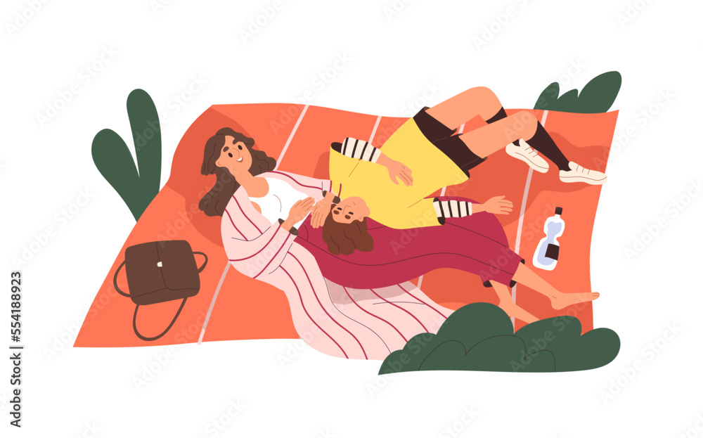 Fototapeta premium Girls, best friends relaxing together, lying on picnic blanket outdoors. Girlfriends resting in nature, talking. Happy women on summer holidays. Flat vector illustration isolated on white background