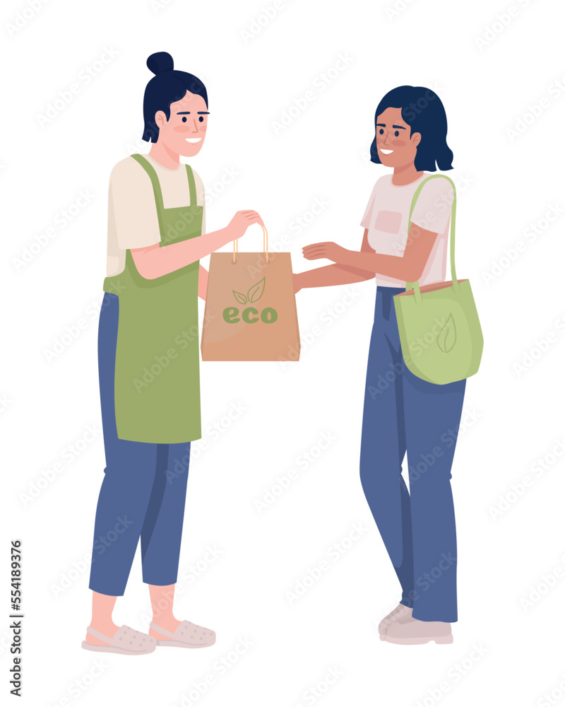 Seller and customer semi flat color vector characters. Editable figures. Full body people on white. Simple cartoon style illustrations for web graphic design and animation. Nerko One Regular font used