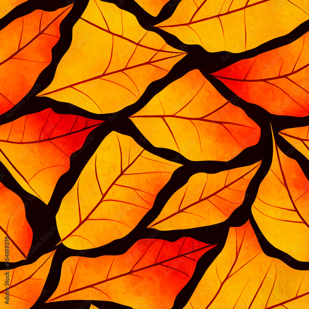 Autumn seamless pattern with fallen leaves in yellow and red colors. Tile for the background on the theme of golden autumn.