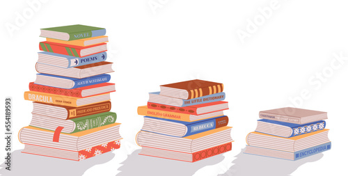 Book stack. Cartoon pile of handbook textbook education study literature, tower of publication paper supplies for reading in bookstore. Vector set photo