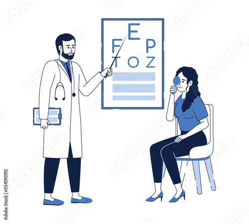 Ophthalmologist checkup flat color linear vector characters. Editable figures. Full body people on white. Cartoon style thin line illustration for web graphic design and animation. Quicksand font used