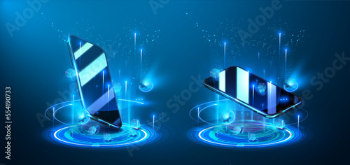 Hologram 3D futuristic mobile phone. Abstract digital user interface technology. Smartphone hangs in the air. Realistic phone with blank screen. Smartphone perspective view with blank screen.