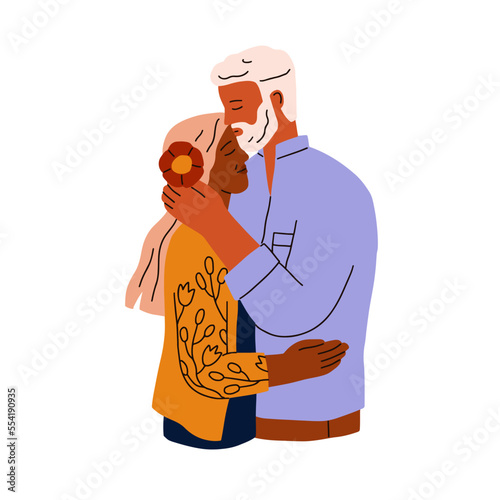 Senior love couple in romantic relationship. Elderly man and woman hugging with tenderness. Family of old age. Happy elder valentines, lovers. Flat vector illustration isolated on white background