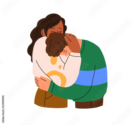 Love, affection and support in couple. Man and woman in romantic relationship. Family, wife and husband hugging, embracing with tenderness. Flat vector illustration isolated on white background