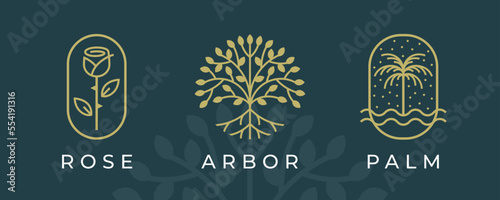 Botanical nature icon set. Modern tree logos. Plant symbols. Rose, palm and tree emblems. Vector illustration.